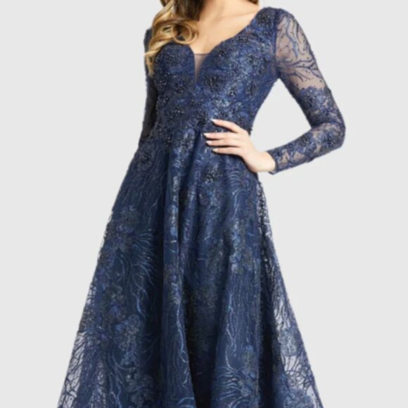 MAC DUGGAL 20286 EMBELLISHED PLUNGE NECK ILLUSIONS LONG SLEEVE MIDI DRESS sz 10 - Picture 4 of 8